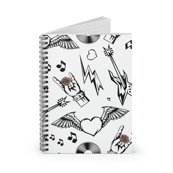 Spiral Notebook, Rock and Blooms: white, black tattoo-inspired graphic theme, tattoo flash, graphic, cartoon style