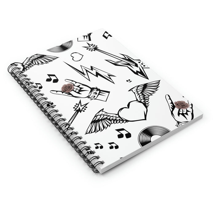 Spiral Notebook, Rock and Blooms: white, black tattoo-inspired graphic theme, tattoo flash, graphic, cartoon style