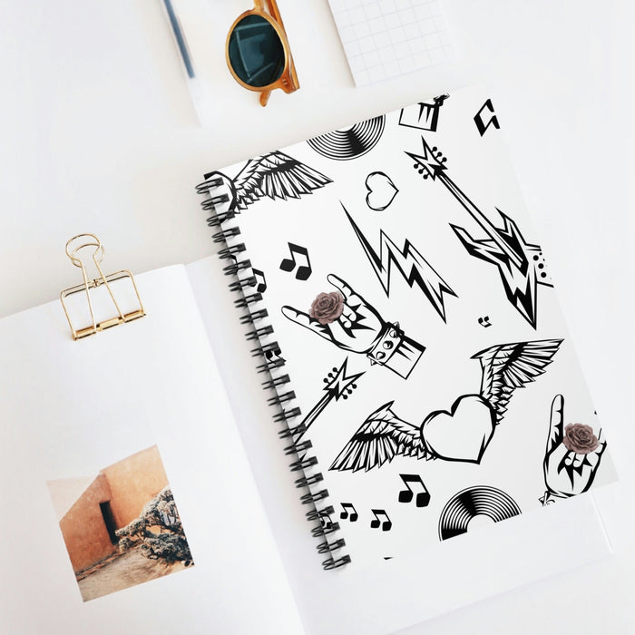 Spiral Notebook, Rock and Blooms: white, black tattoo-inspired graphic theme, tattoo flash, graphic, cartoon style