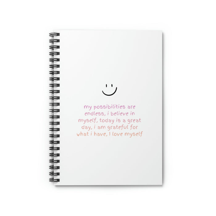 Spiral Notebook for Encouraging Affirmations: white, black spiral-bound notebook, minimal, cute style