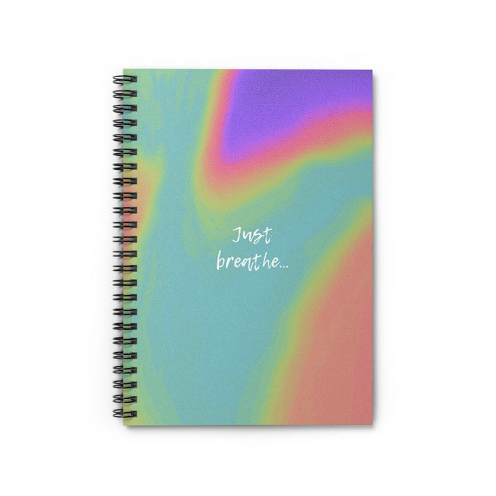 Spiral Notebook with Inspirational Breathing Quote: teal blue, green spiral-bound notebook, minimal, colorful abstract style