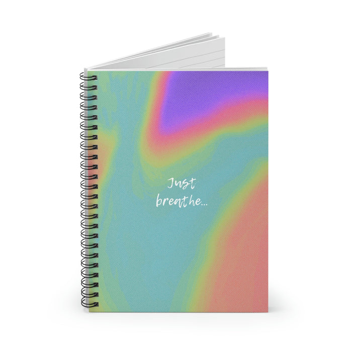Spiral Notebook with Inspirational Breathing Quote: teal blue, green spiral-bound notebook, minimal, colorful abstract style