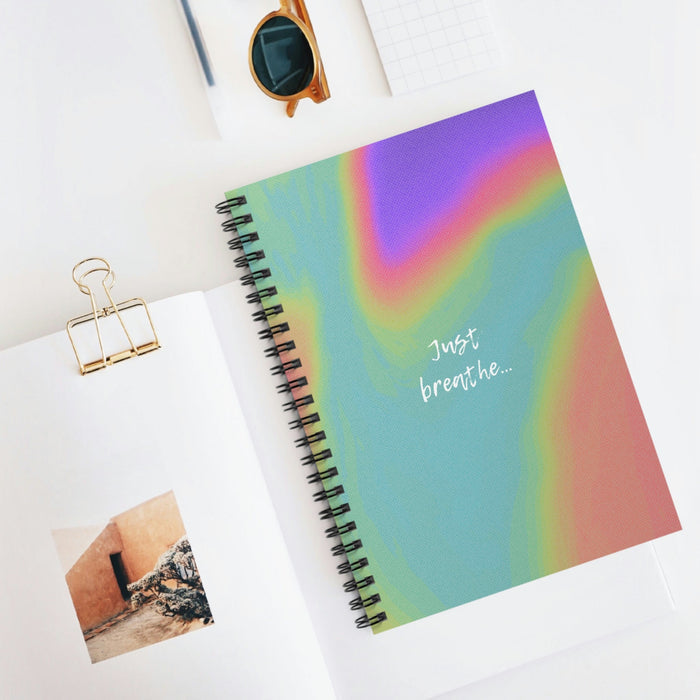 Spiral Notebook with Inspirational Breathing Quote: teal blue, green spiral-bound notebook, minimal, colorful abstract style
