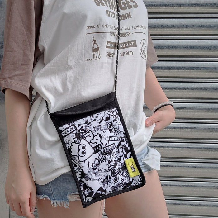 Splatoon Crossbody Bag, Stylish and Sleek: black, white cartoon character collage, cartoon streetwear style