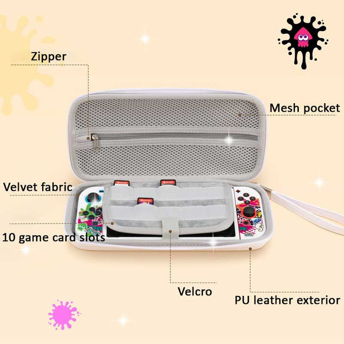 Splatoon Switch Carrying Case: Compact, Roomy, Protective: white, purple Splatoon-themed cartoon characters, cartoon, colorfu