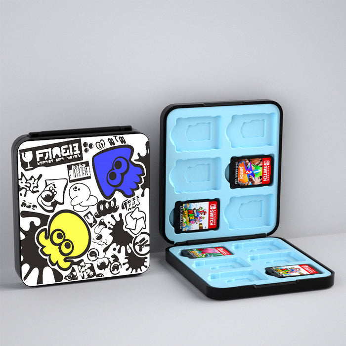Splatoon Switch Game Holder with Slots: black, white cartoon characters and doodle-style graphics, cartoon, graffiti/doodle