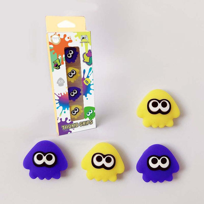 Splatoon Thumb Grips for Switch Pro: yellow, purple cartoon squid-like characters, kawaii cartoon style