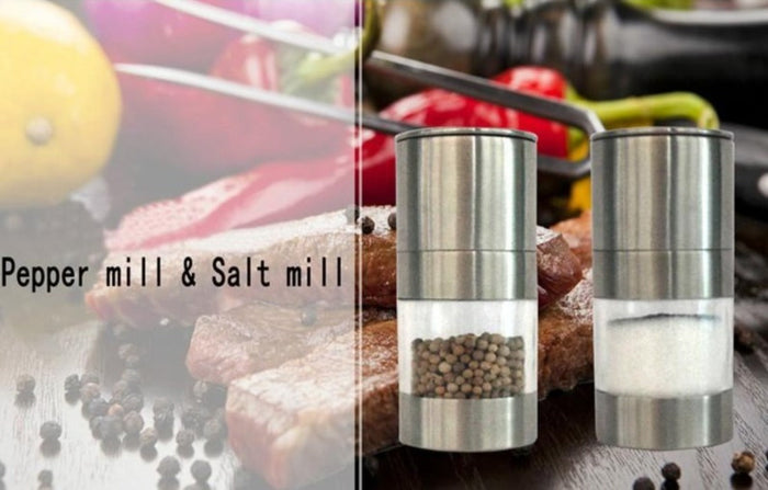 Stainless Steel Manual Salt and Pepper Grinder Set (2 Containers) with Premium Quality: silver, transparent cylindrical conta