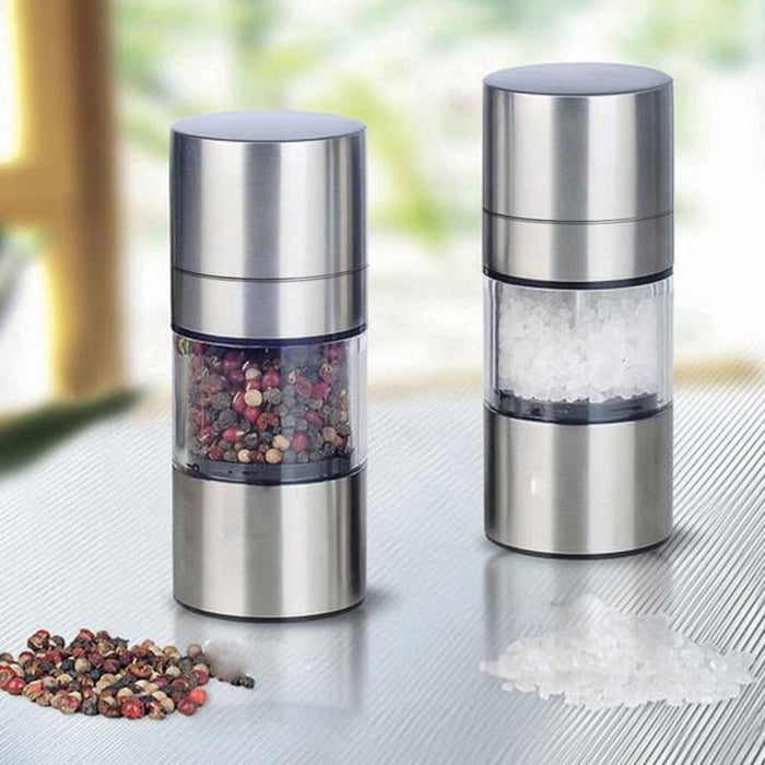 Stainless Steel Manual Salt and Pepper Grinder Set (2 Containers) with Premium Quality: silver, transparent cylindrical conta