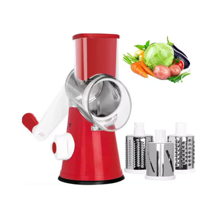 Stainless Steel Manual Vegetable Grater and Slicer: red, white vegetables, modern kitchen appliance style