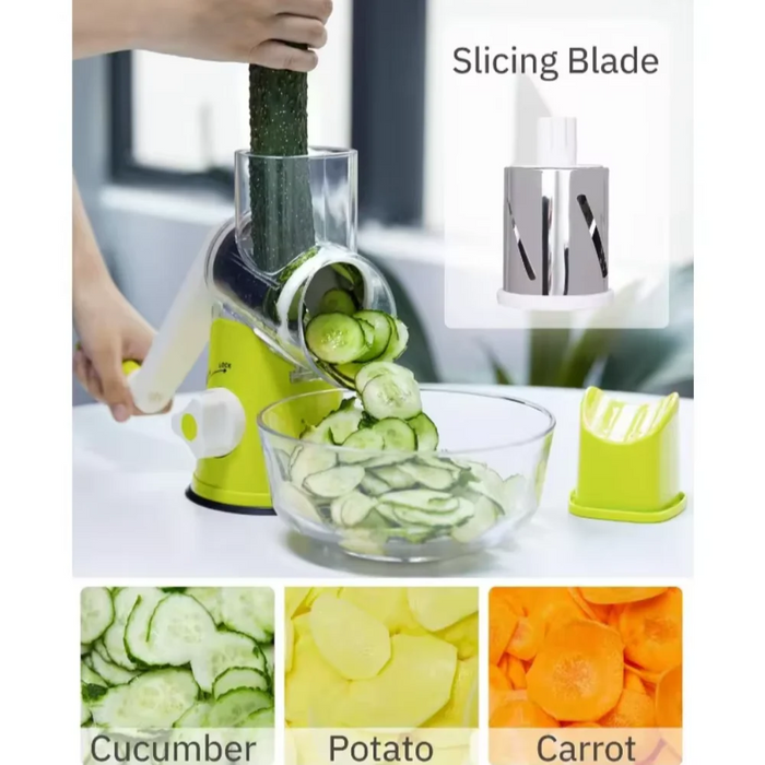 Stainless Steel Manual Vegetable Grater and Slicer: red, white vegetables, modern kitchen appliance style