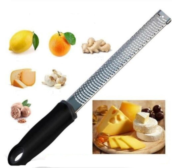 Stainless Steel Multi-Purpose Fruit and Cheese Peeler: silver, black handheld grater/zester, minimal kitchen utensil product
