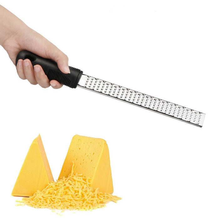 Stainless Steel Multi-Purpose Fruit and Cheese Peeler: silver, black handheld grater/zester, minimal kitchen utensil product