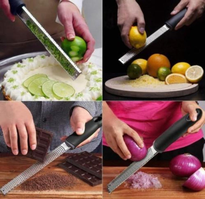 Stainless Steel Multi-Purpose Fruit and Cheese Peeler: silver, black handheld grater/zester, minimal kitchen utensil product