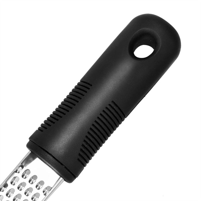 Stainless Steel Multi-Purpose Fruit and Cheese Peeler: silver, black handheld grater/zester, minimal kitchen utensil product