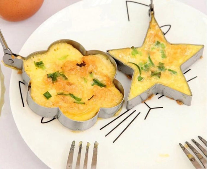 Stainless Steel Pancake Shaping Mold Set, 4 Pieces: white, yellow-orange fried egg on toast, food photography style