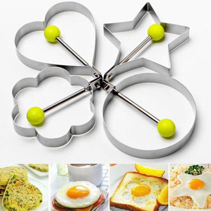 Stainless Steel Pancake Shaping Mold Set, 4 Pieces: white, yellow-orange fried egg on toast, food photography style