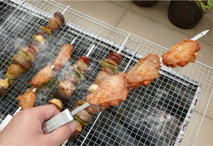 Stainless Steel Skewers for Grilling, Set of 6 Pieces: orange-brown, golden brown grilled meat and vegetable kebabs, realisti