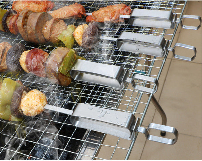Stainless Steel Skewers for Grilling, Set of 6 Pieces: orange-brown, golden brown grilled meat and vegetable kebabs, realisti