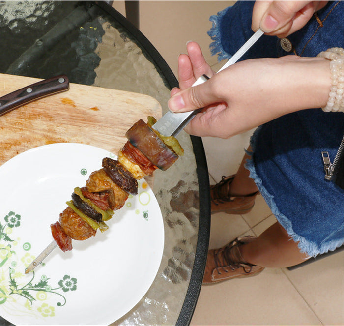 Stainless Steel Skewers for Grilling, Set of 6 Pieces: orange-brown, golden brown grilled meat and vegetable kebabs, realisti