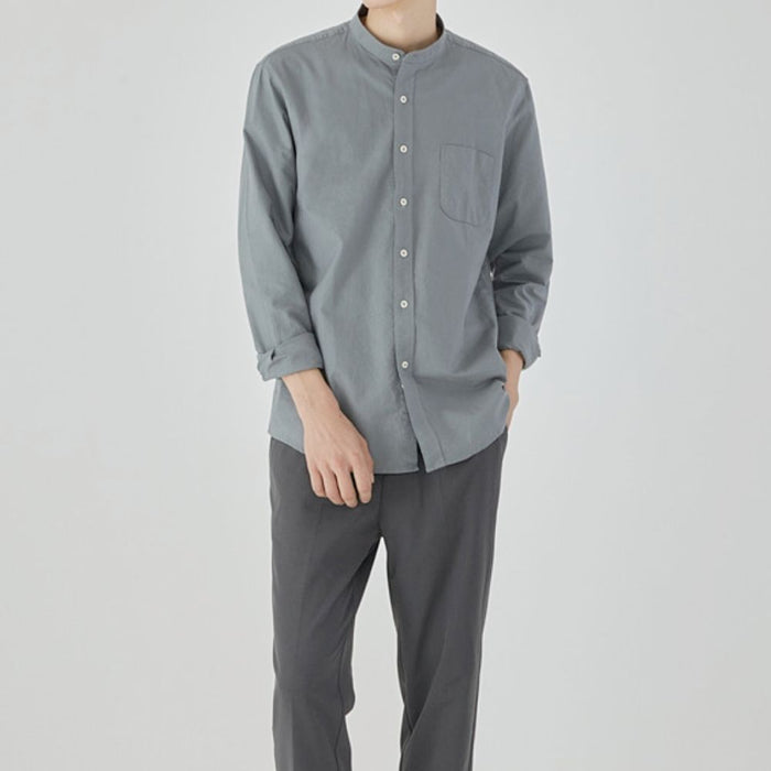 Stand Collar Men's Button-Up Shirt: gray long-sleeve button-up shirt, minimal style