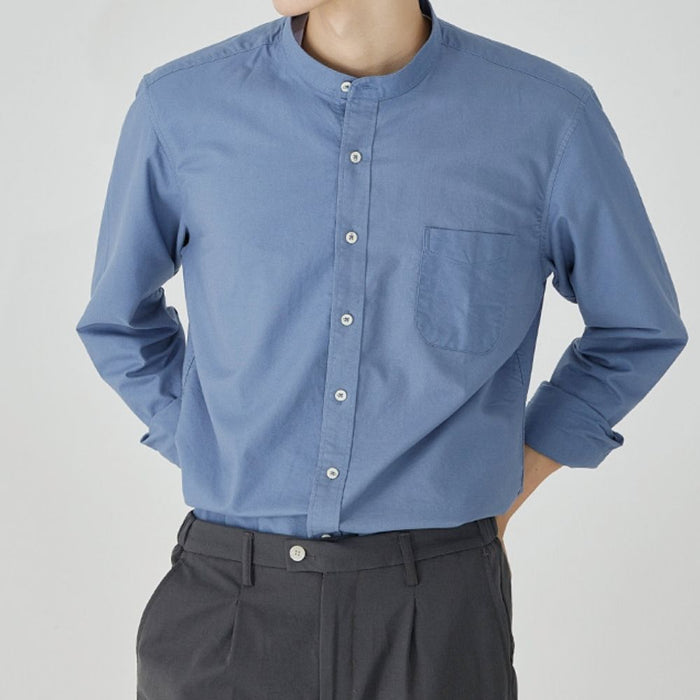 Stand Collar Men's Button-Up Shirt: gray long-sleeve button-up shirt, minimal style