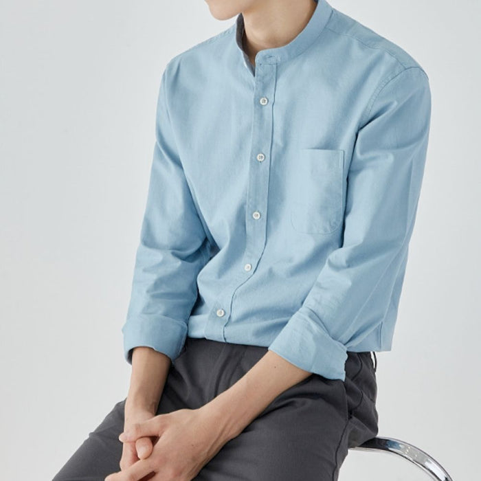 Stand Collar Men's Button-Up Shirt: gray long-sleeve button-up shirt, minimal style