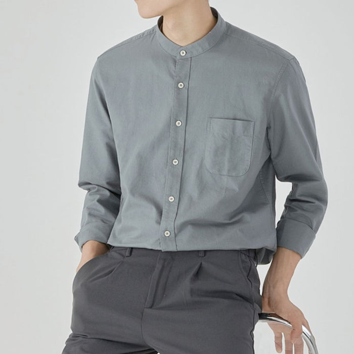 Stand Collar Men's Button-Up Shirt: gray long-sleeve button-up shirt, minimal style