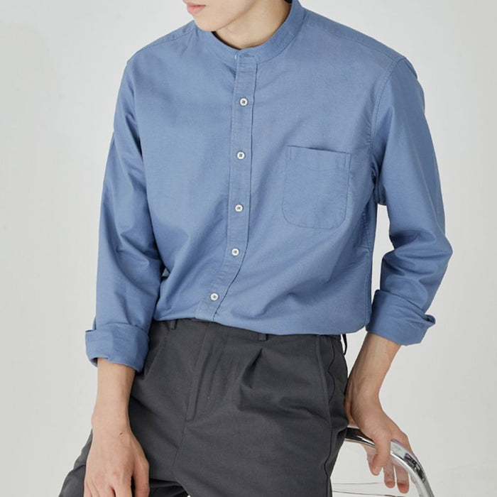 Stand Collar Men's Button-Up Shirt: gray long-sleeve button-up shirt, minimal style