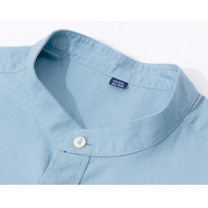 Stand Collar Men's Button-Up Shirt: gray long-sleeve button-up shirt, minimal style