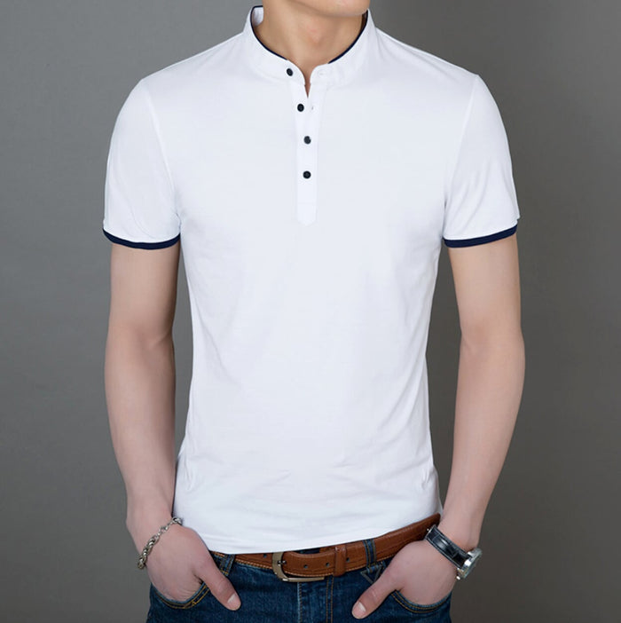 Stand Collar Men's Tee: white, dark navy short-sleeve polo shirt, minimal style
