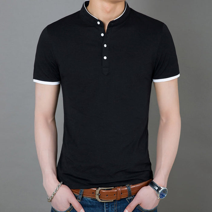 Stand Collar Men's Tee: white, dark navy short-sleeve polo shirt, minimal style