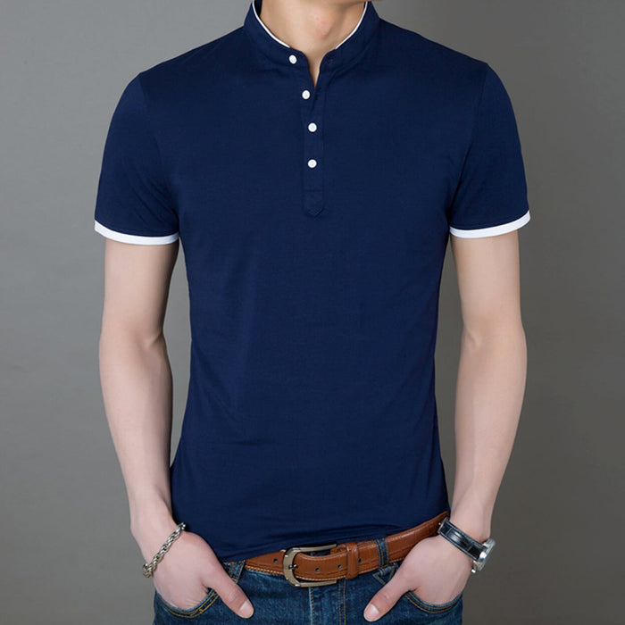 Stand Collar Men's Tee: white, dark navy short-sleeve polo shirt, minimal style