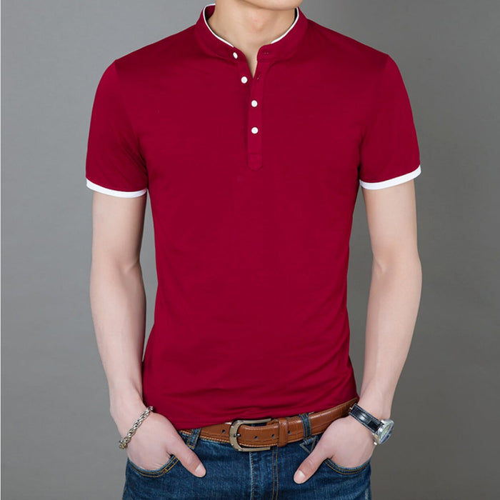 Stand Collar Men's Tee: white, dark navy short-sleeve polo shirt, minimal style