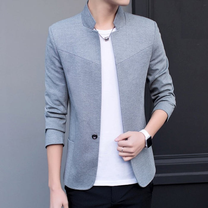 Stand Collar Single Button Men's Blazer: light gray, white men's jacket/blazer, minimal modern style