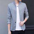 Stand Collar Single Button Men's Blazer: light gray, white men's jacket/blazer, minimal modern style