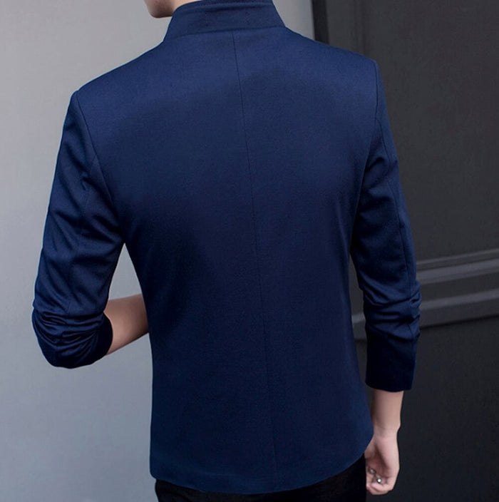 Stand Collar Single Button Men's Blazer: light gray, white men's jacket/blazer, minimal modern style