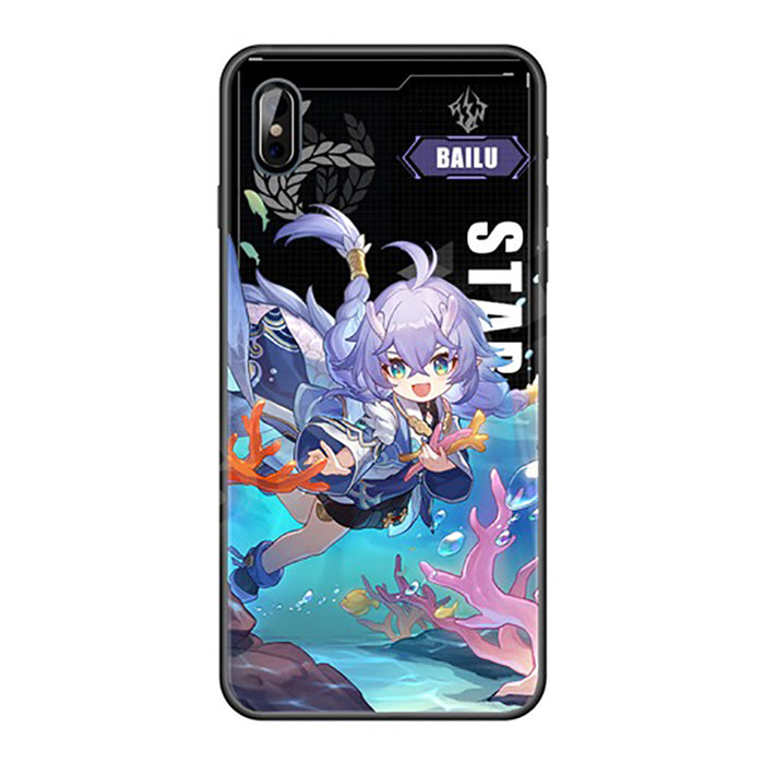 Star Rail iPhone Case with Characters: black, purple anime-style character with a small cat-like creature, anime/cartoon styl