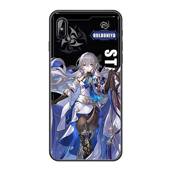 Star Rail iPhone Case with Characters: black, purple anime-style character with a small cat-like creature, anime/cartoon styl