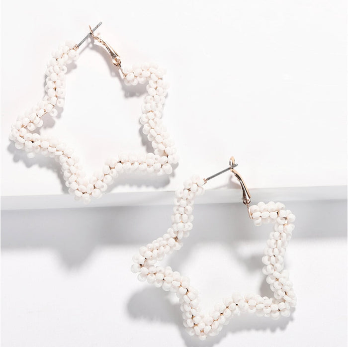 Star-shaped Beaded Hoop Earrings: pink, red star, colorful playful handmade beaded style