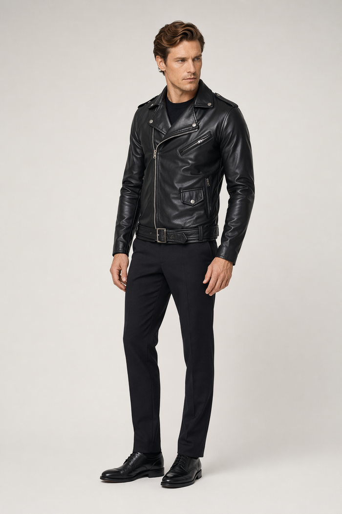 Stealthy Black Faux Leather Biker Jacket for Men Default