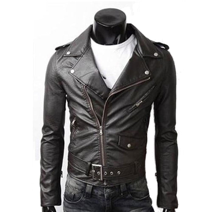 Stealthy Black Faux Leather Biker Jacket for Men: black, white motorcycle-style jacket, biker style