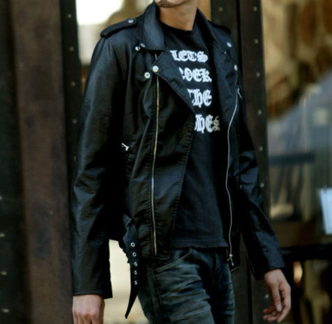 Stealthy Black Faux Leather Biker Jacket for Men: black, white motorcycle-style jacket, biker style