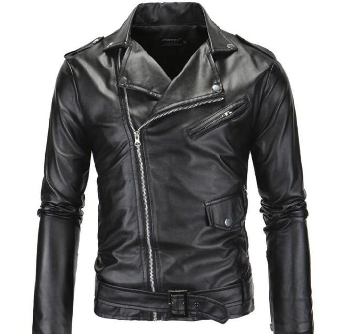 Stealthy Black Faux Leather Biker Jacket for Men: black, white motorcycle-style jacket, biker style