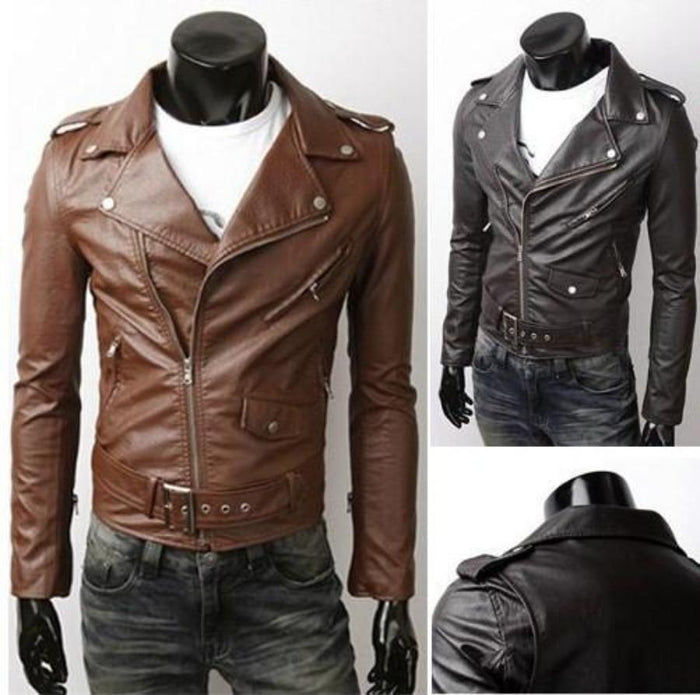 Stealthy Black Faux Leather Biker Jacket for Men: black, white motorcycle-style jacket, biker style