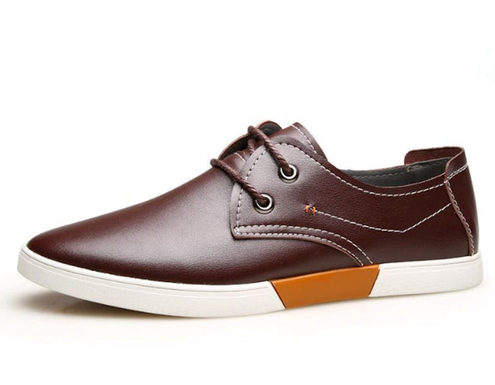 Stitched Men's Lace-Up Casual Footwear: dark brown, white low-top lace-up shoe, casual minimalist style