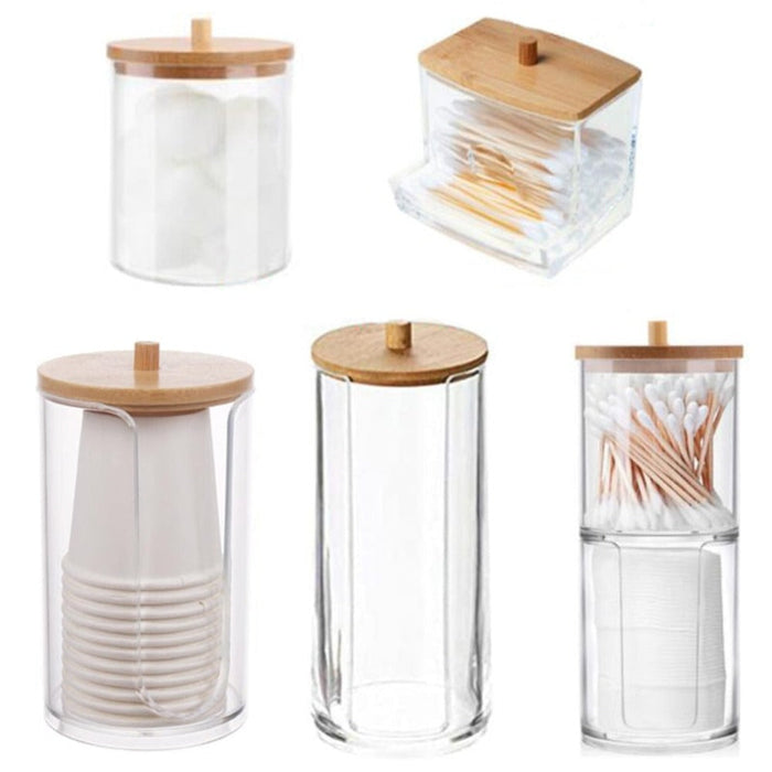 Storage Jar for the Bathroom: clear, light brown clear bathroom/vanity storage containers with wooden lids, minimal style