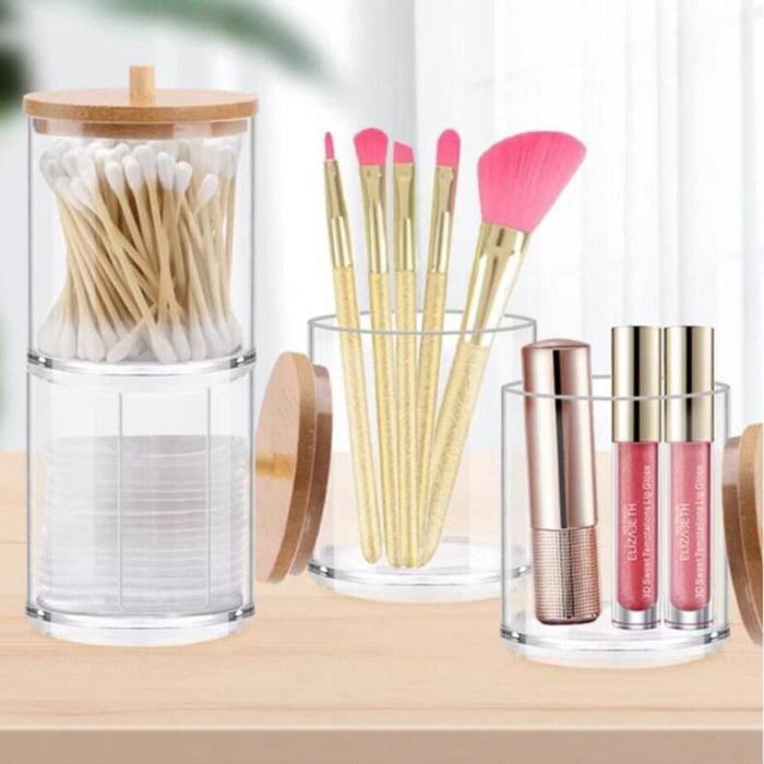 Storage Jar for the Bathroom: clear, light brown clear bathroom/vanity storage containers with wooden lids, minimal style