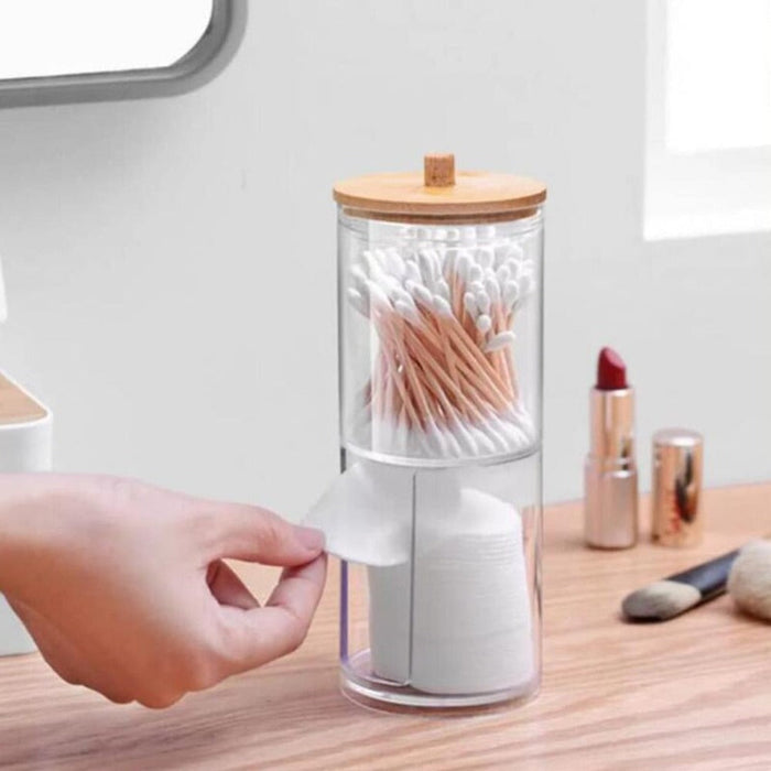Storage Jar for the Bathroom: clear, light brown clear bathroom/vanity storage containers with wooden lids, minimal style
