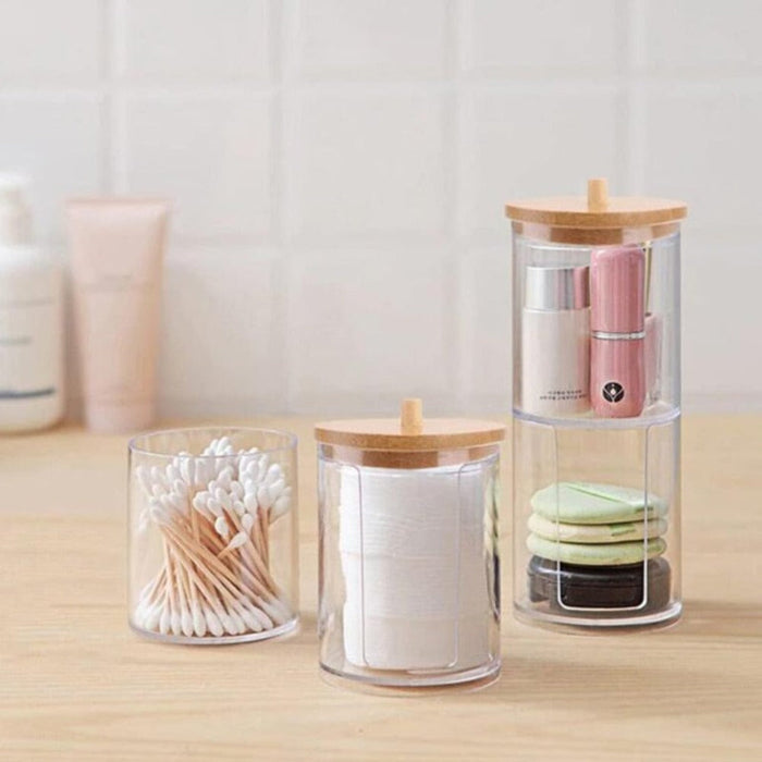Storage Jar for the Bathroom: clear, light brown clear bathroom/vanity storage containers with wooden lids, minimal style